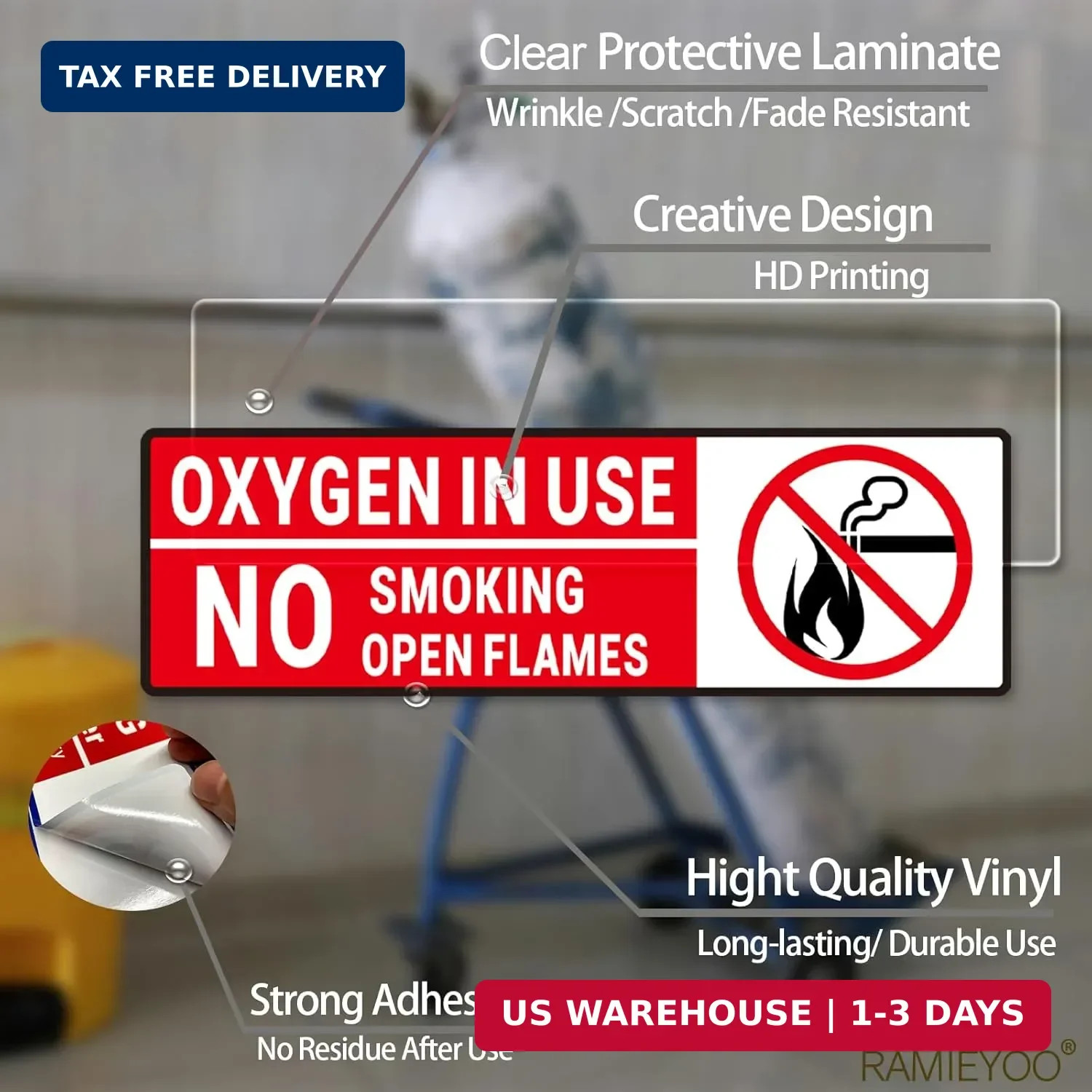 Oxygen in Use Decal, 5Pack No Smoking No Open Flames Area Stickers – Adhesive Vi