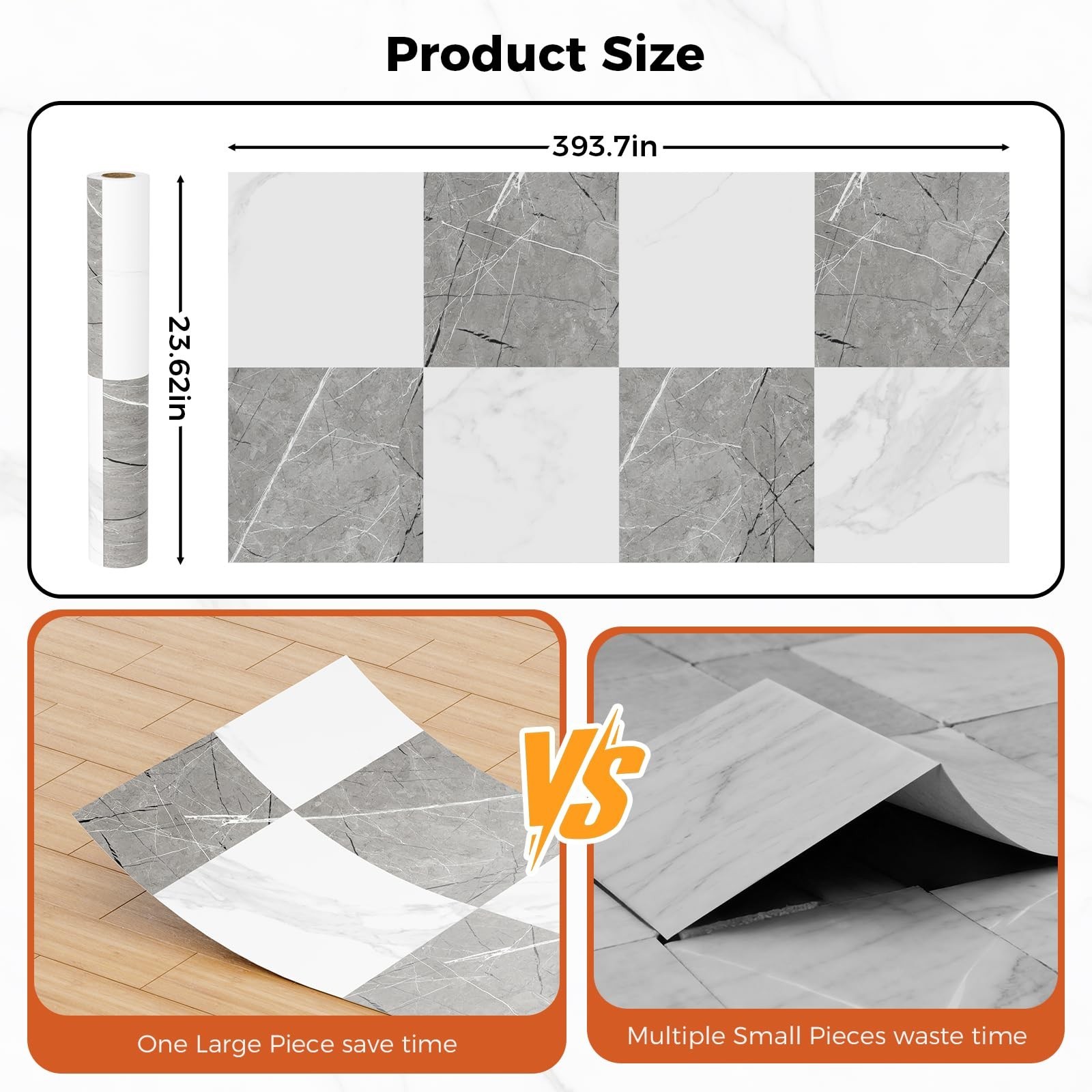 Peel and Stick Floor Tile Vinyl Flooring Roll Self Adhesive 23"x 393"/64 Sq.F…