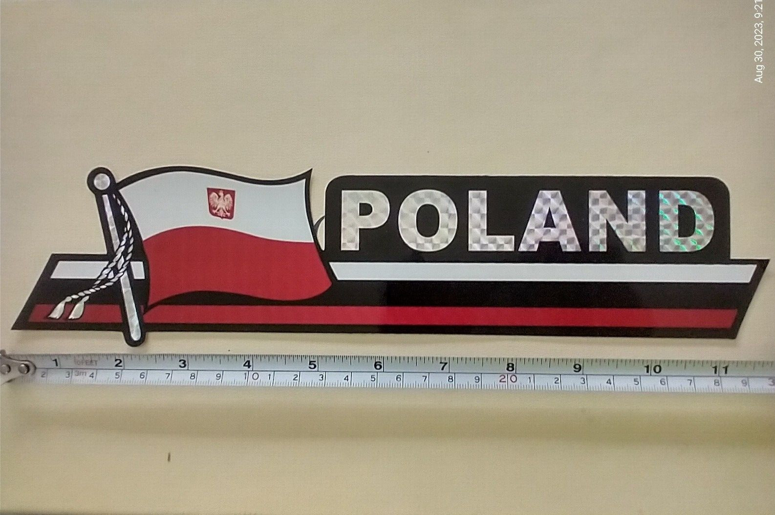 POLAND Flag Bumper Sticker 2.5"X12" Decal Metallic Prismic reflective