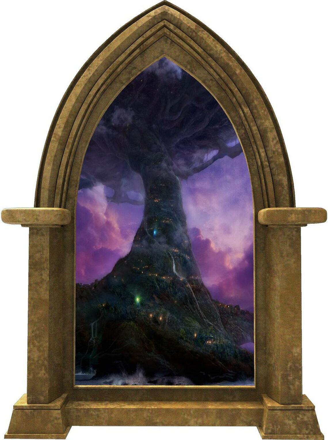 CastleScape Elf Tree Village 2 Wall Decal Stone Castle Window Vinyl Wall Sticker