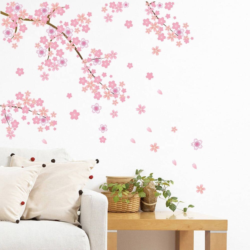 Pink Cherry Blossom Wall Stickers Beautiful Flower Tree Branch Sofa Background