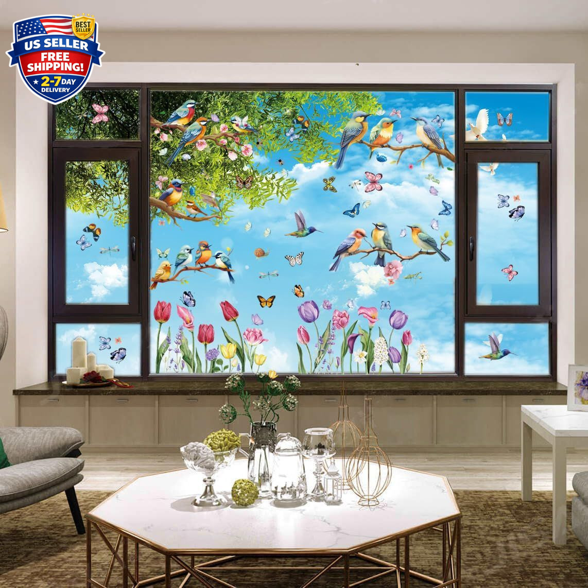 Spring Window Cling Sticker – 78PCS Tulip Butterfly Flower Hummingbirds Windo…