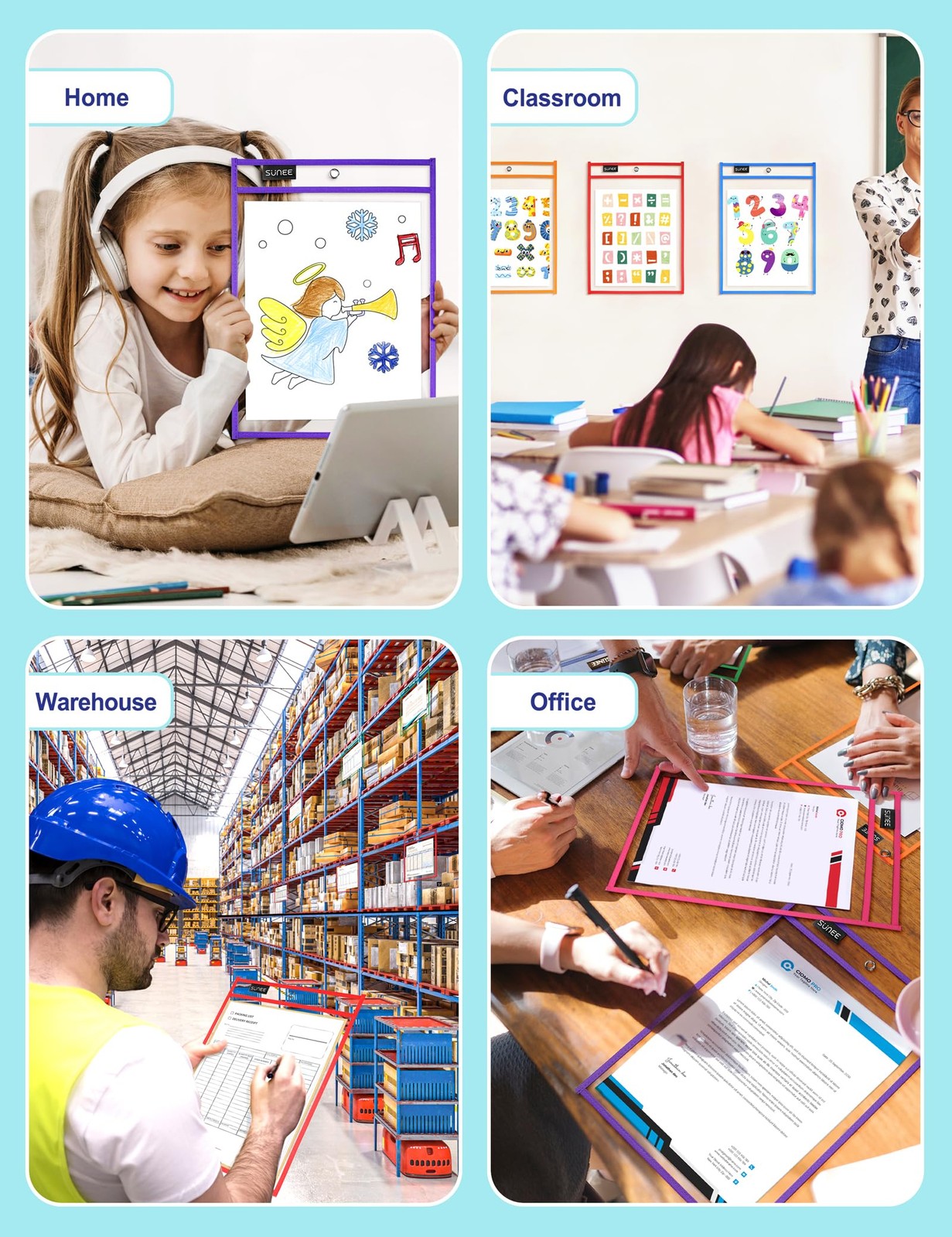 SUNEE 6 Packs Oversized Reusable Dry Erase Pocket Sleeves with Binder Ring, 6 As