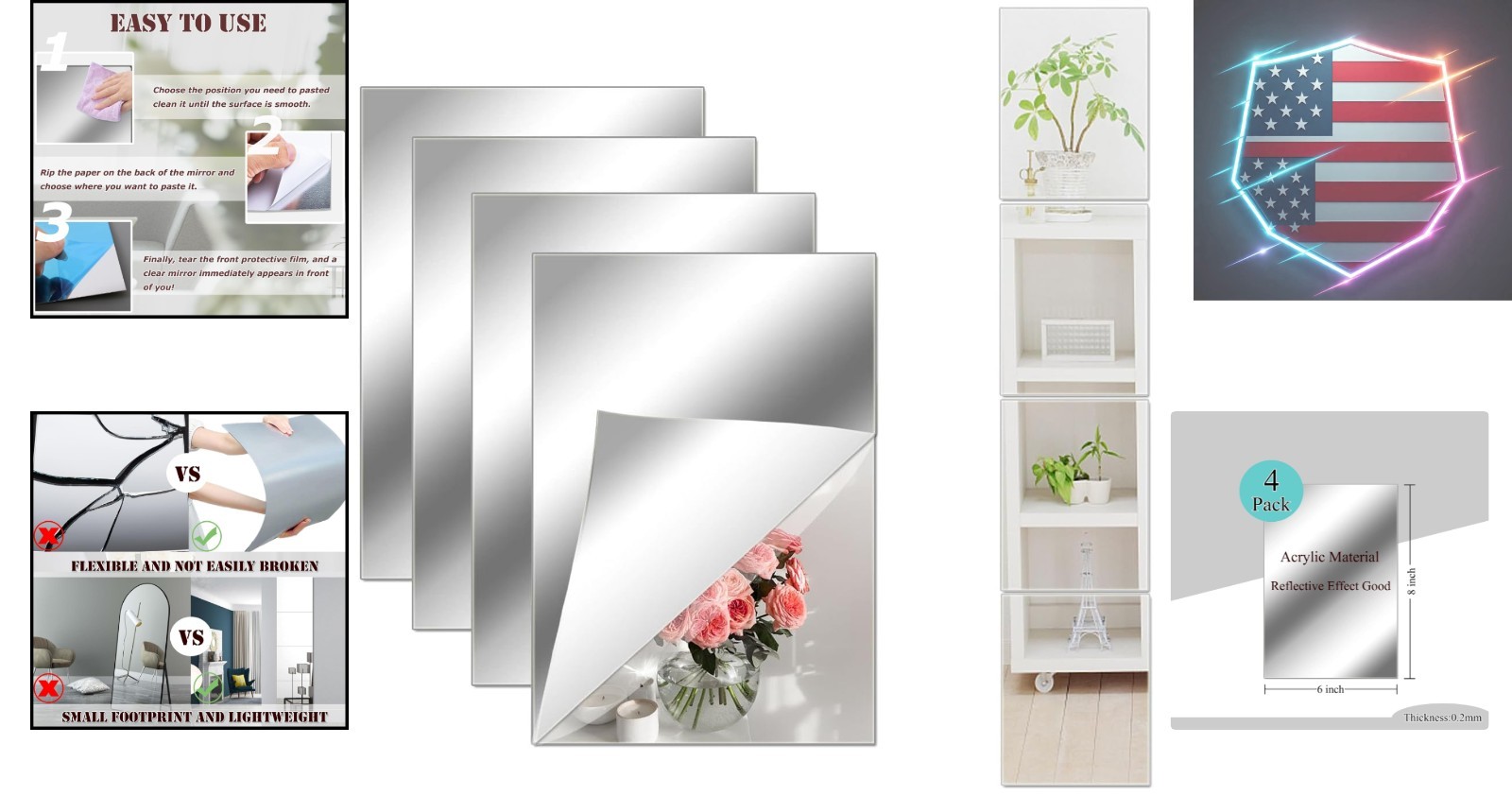 8×6 Inches Self Adhesive Acrylic Mirror Tiles 0.2mm Waterproof Flexible Mirro…