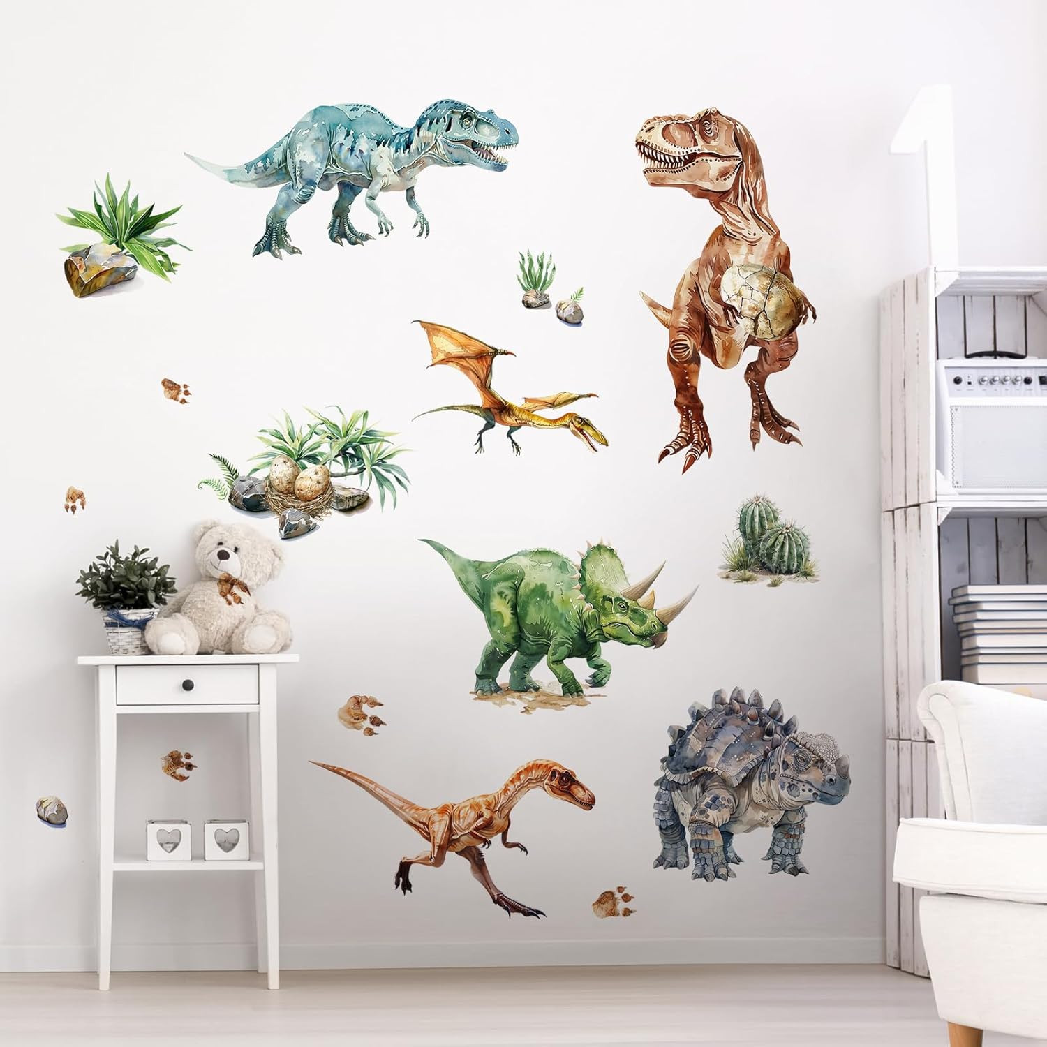 Dinosaur Wall Decals, Large Dino Wall Stickers Volcano Tropical Plants Cactus Pe