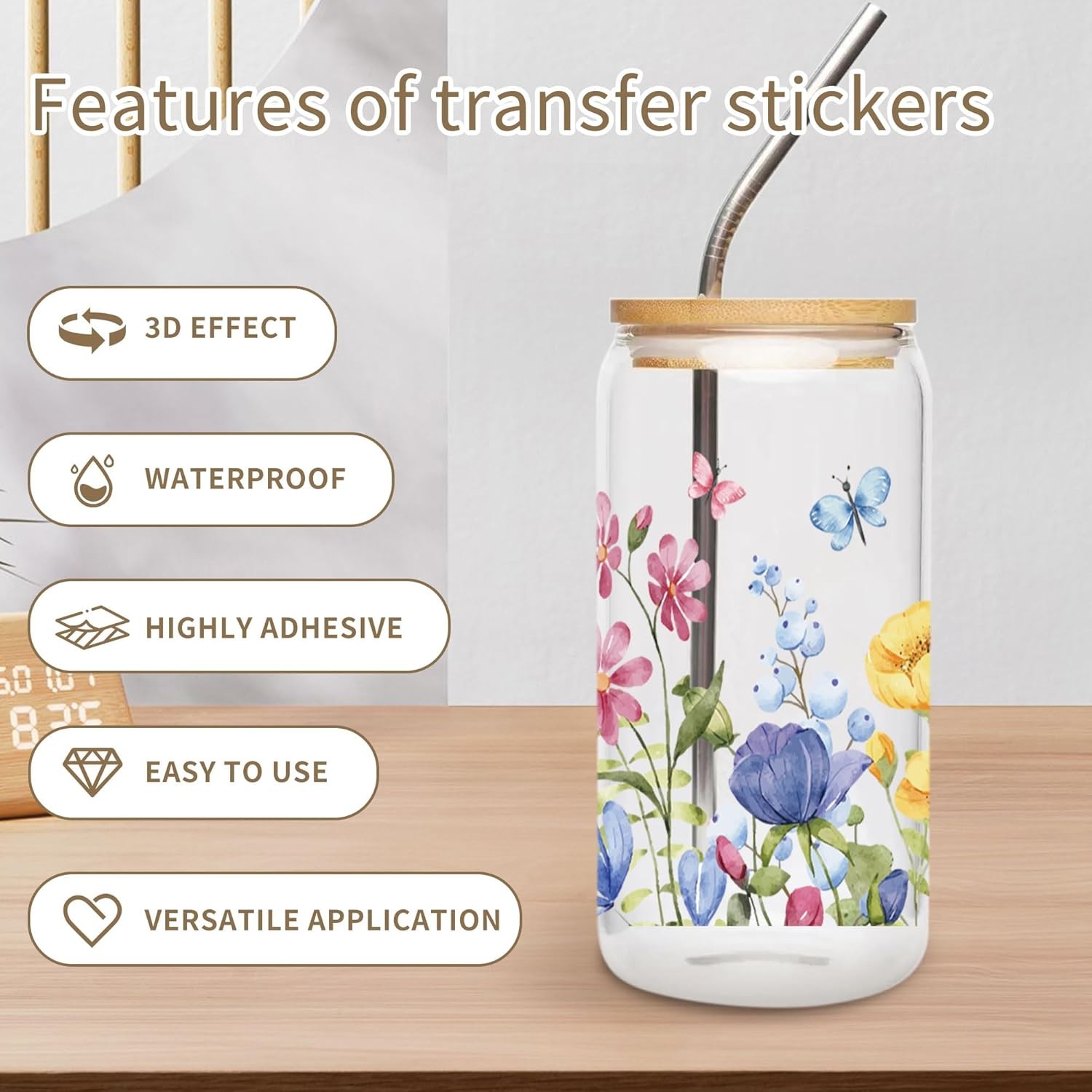 8 Sheets Flower UV DTF Cup Wraps for 16oz Glass Cups Waterproof Transfers
