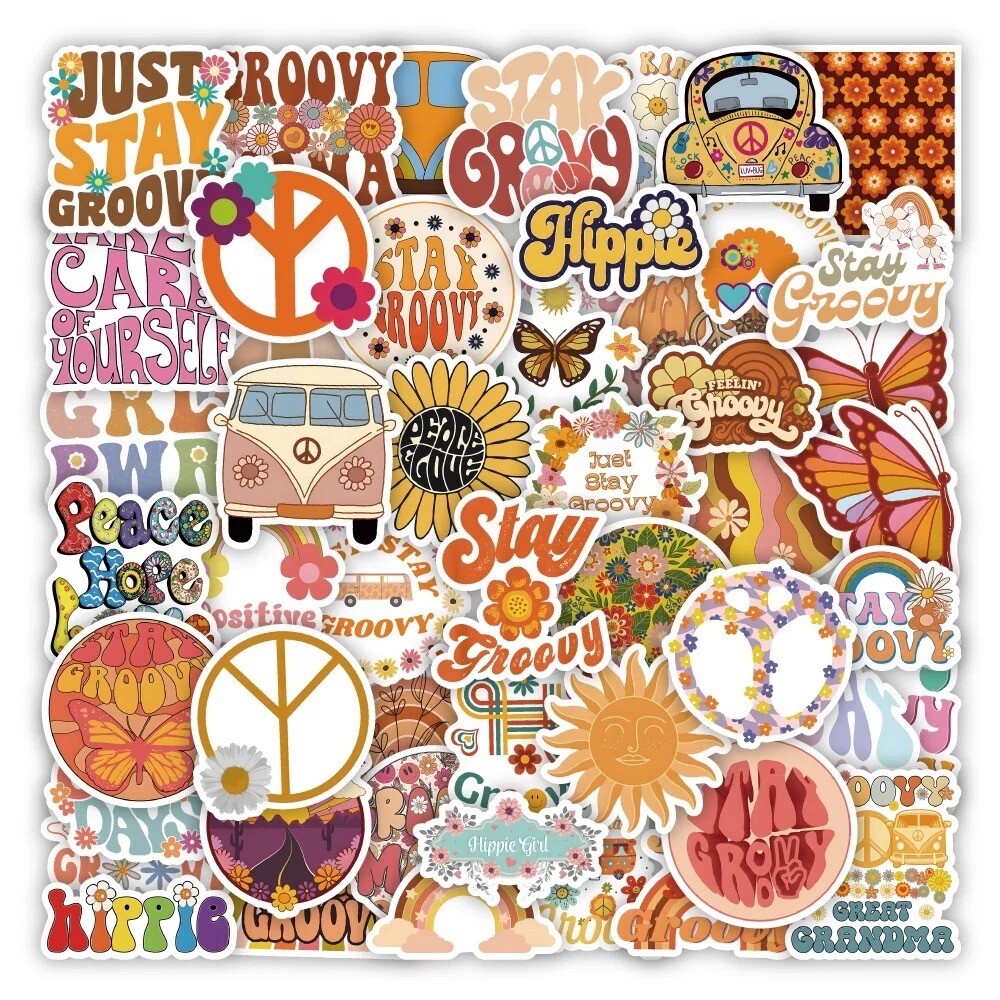 50 PCS Retro Hippie Life Stickers Groovy Peace Love Decals Laptop Hydro Set A