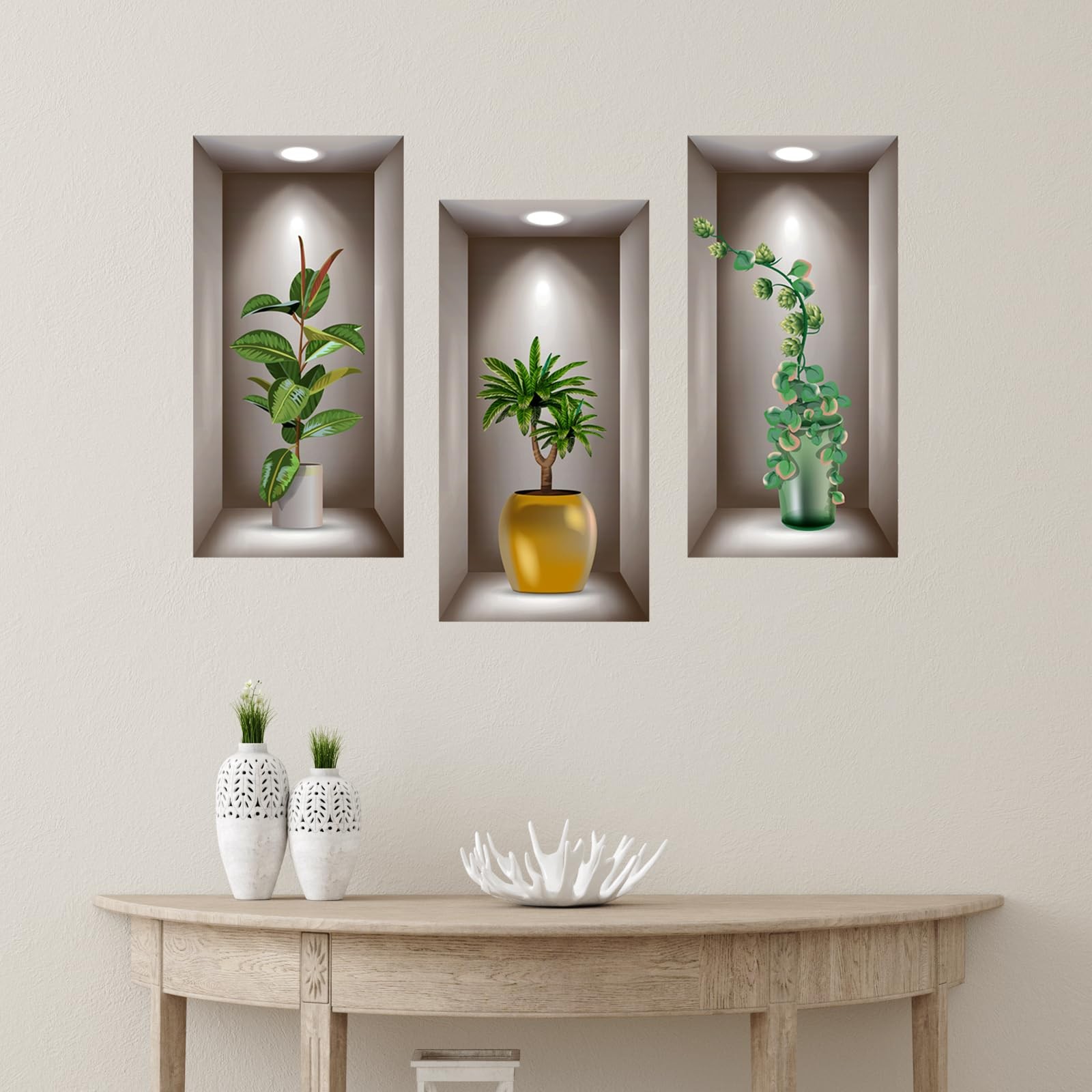 3D Potted Plants Wall Stickers Set of 3 Green Leaves Multi-colored