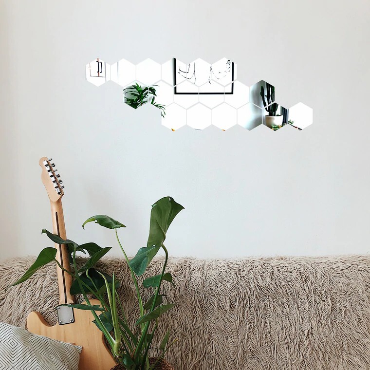 Hexagon 12 Silver 3" MIRROR STICKERS Acrylic WALL DECALS Dorm Rooms Decorations