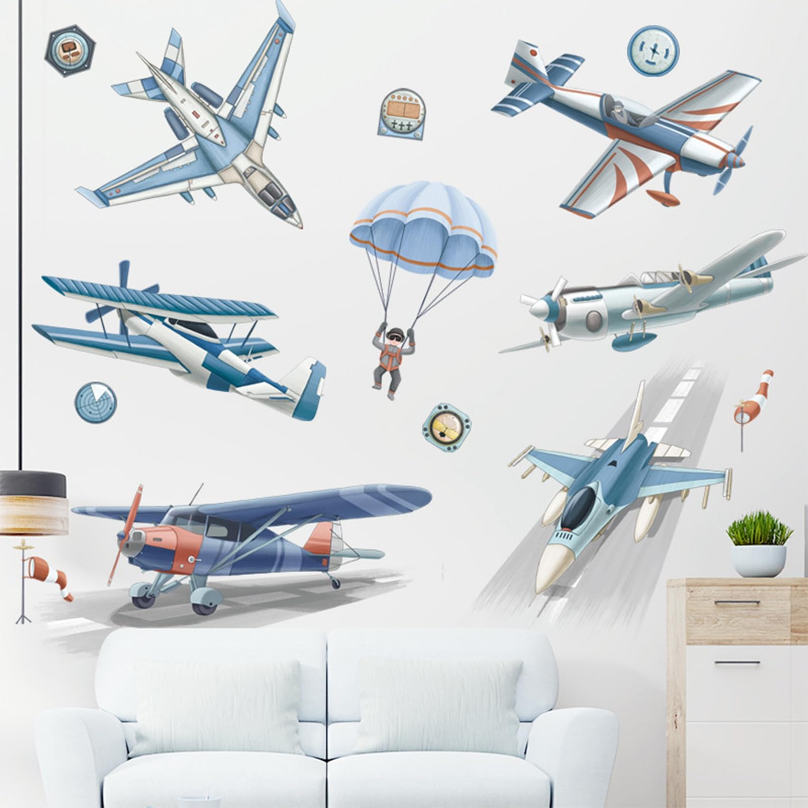 Cartoon Airplane Wall Decals, Fighter Jets & Parachute Wall Stickers for Kids…