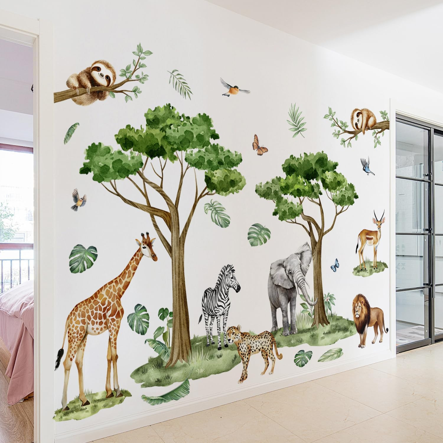 Watercolor Safari Animals Tree Wall Decals Removable Jungle Giraffe Lion Elephan