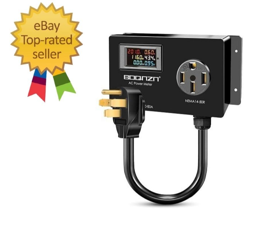 50A AC Power Meter, 240V NEMA 14-50P to 14-50R LCD Display 14-50R, Black