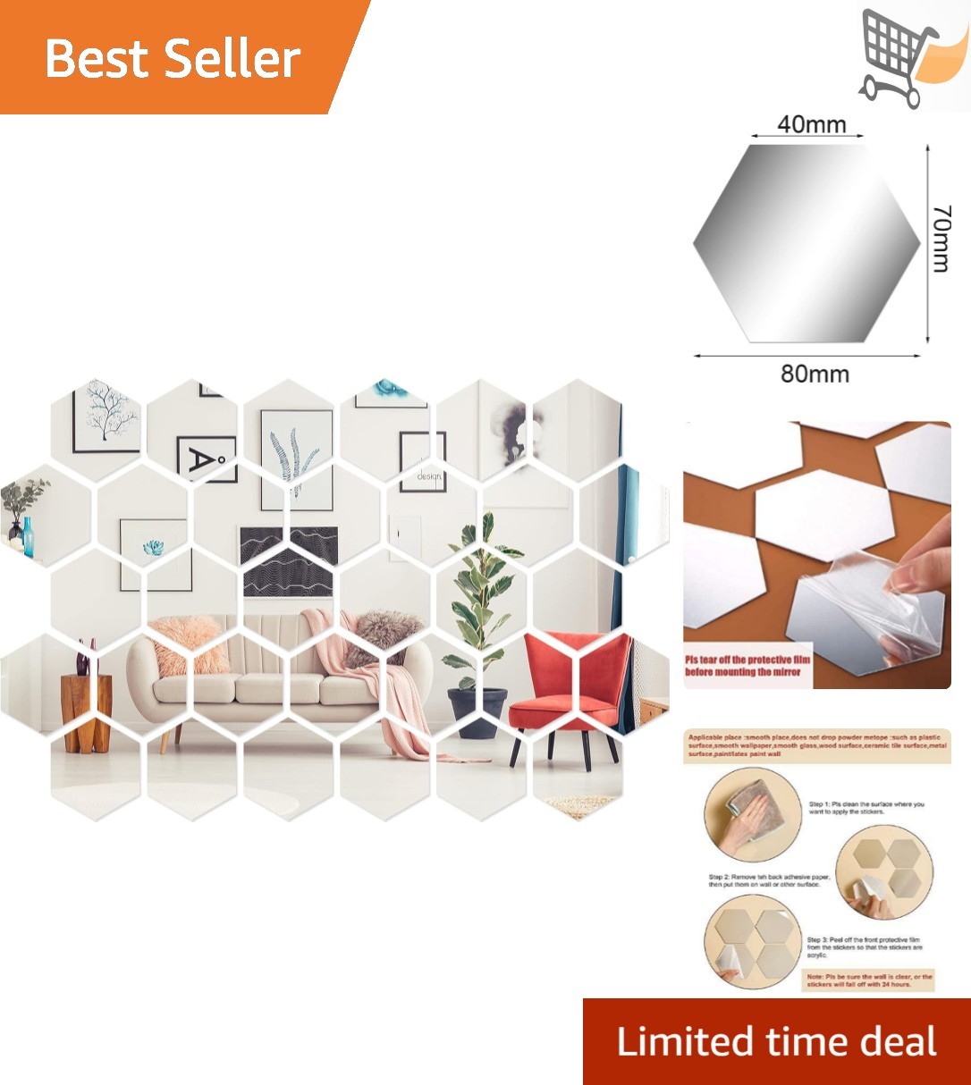 32 Pcs Silver Acrylic Hexagon Mirror Wall Stickers Removable Decor for Home O…
