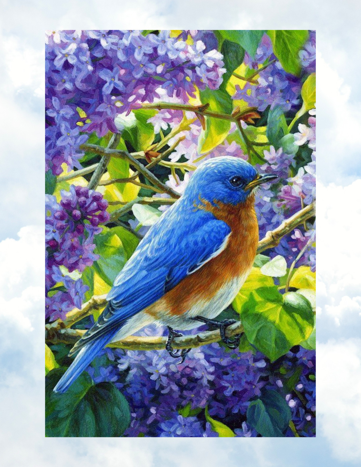 Bluebird on Branch with Lilac Flowers WINDOW CLING Size 10.6" Vinyl