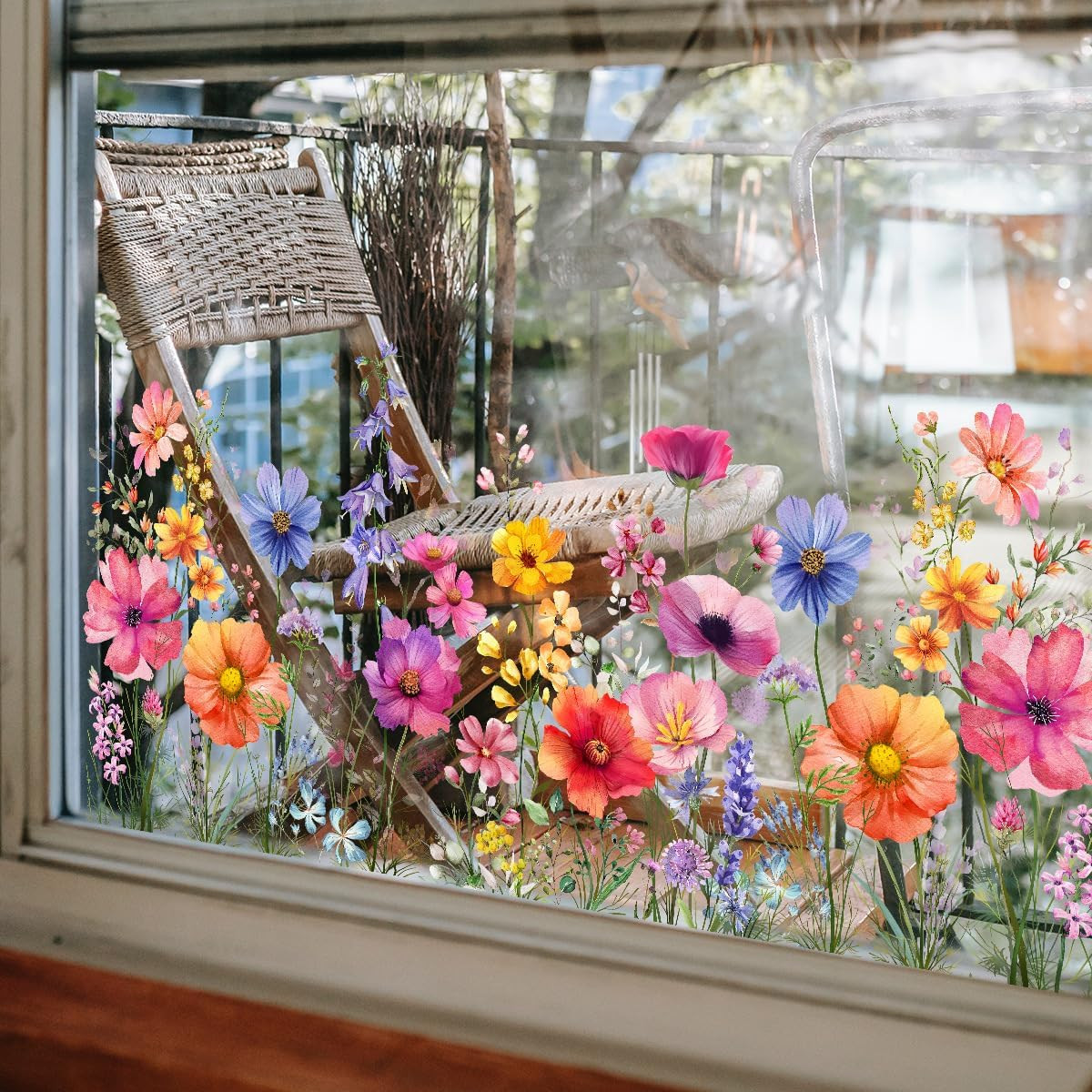 Flower Garden Window Stickers, Wildflower Grass Door Decals, Lily Peony Poppy Fl
