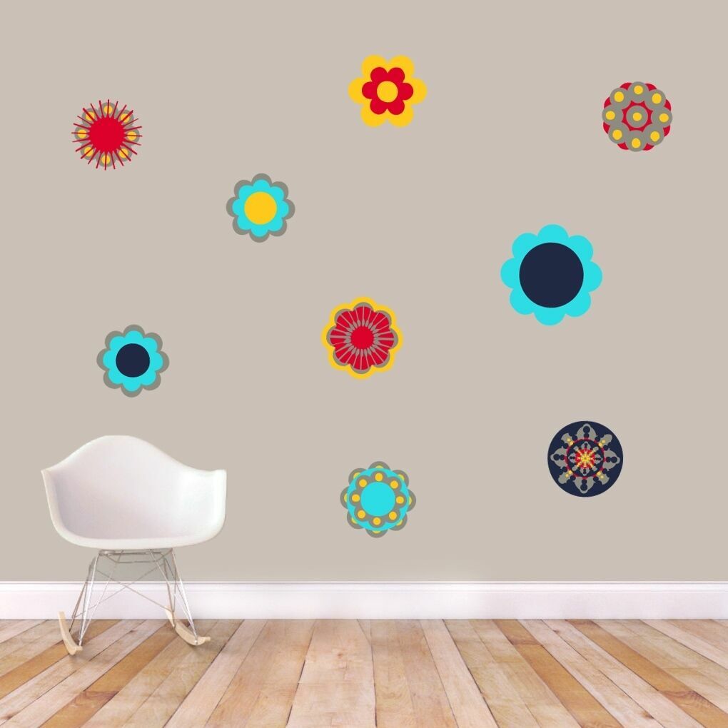 Retro Flowers Printed Wall Decal Set – Flowers, Shapes, Nursery, Kids, Wall Art