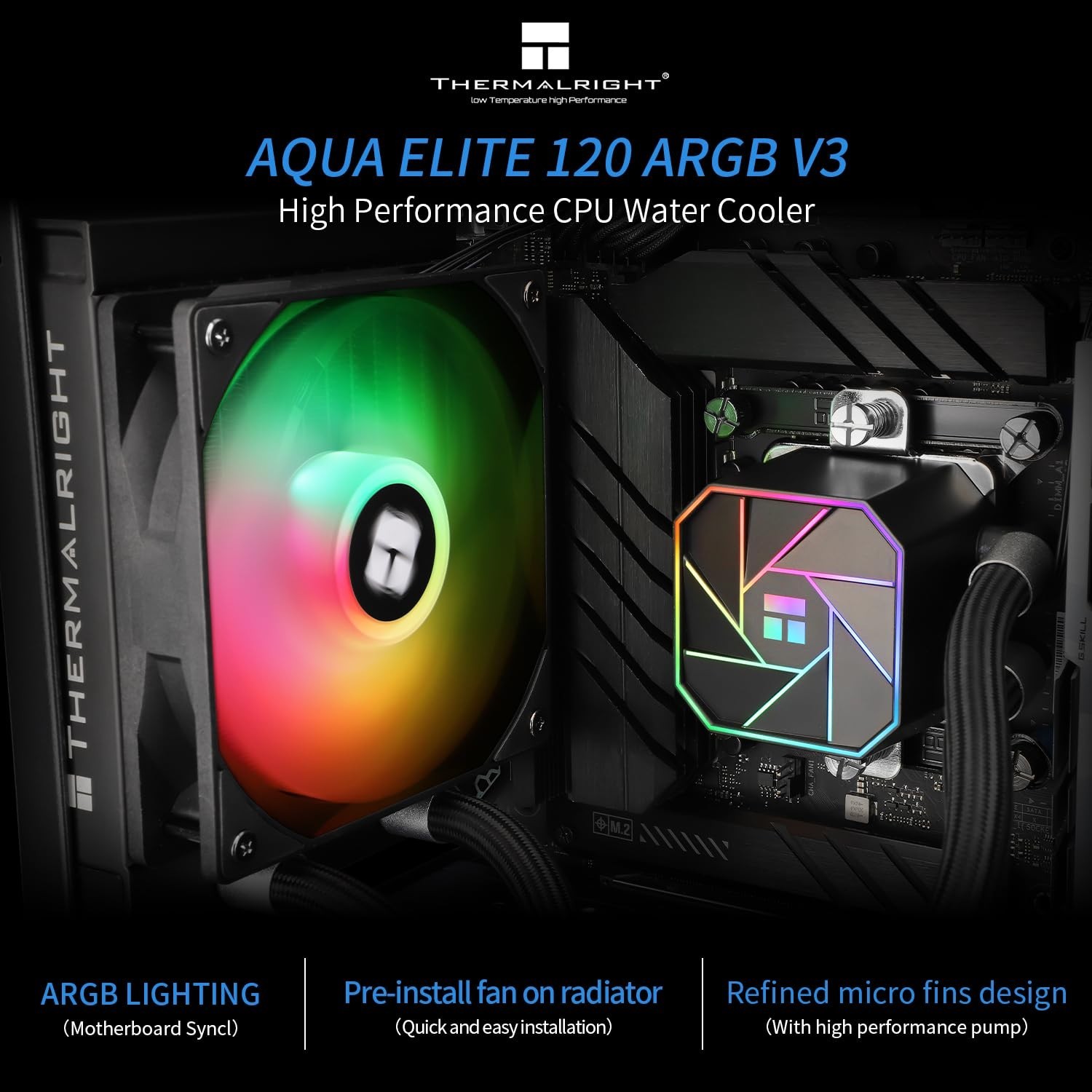 Thermalright Aqua Elite 120 V3 AIO CPU Cooler, 120Mm Liquid Cooling, ARGB PWM Fa