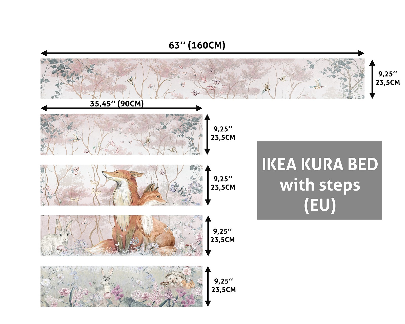 PFox Woodland IKEA KURA Bed Decals, Pastel Forest Vinyl Stickers, Peel and Stick