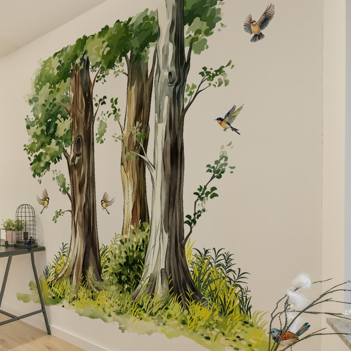 Large Green Trees Wall Decals with Flying Birds for Living Room Bedroom, 49.2…