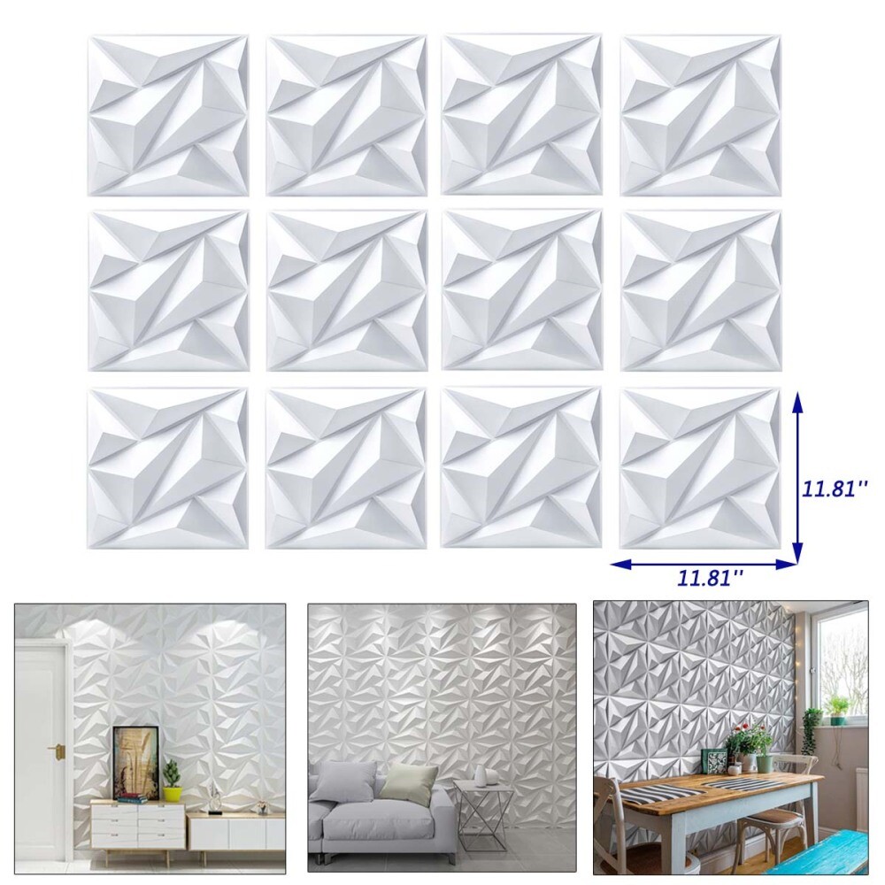 12pcs 3D Wall Panels Decorative PVC Wall Panels Boards 30*30cm Square White