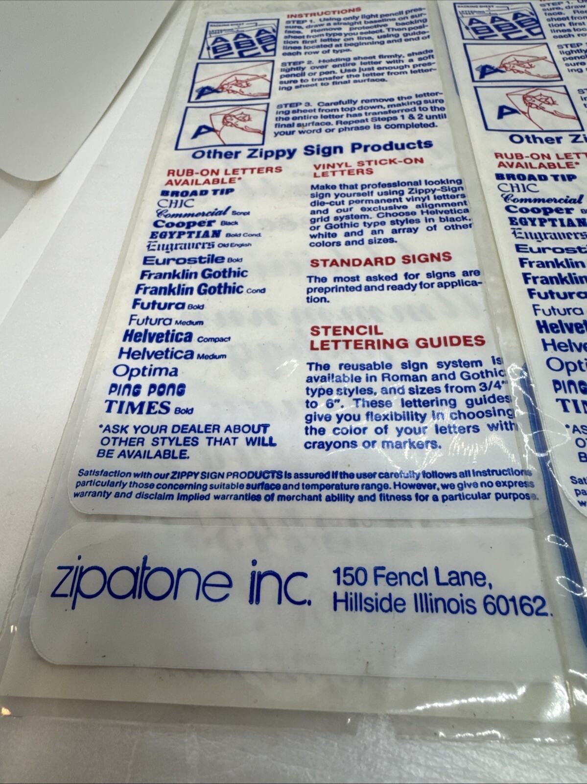 Vintage Set Of 3 1982 ZIPPY-SIGN Run On Lettering Commercial Script 48pt 1/2”