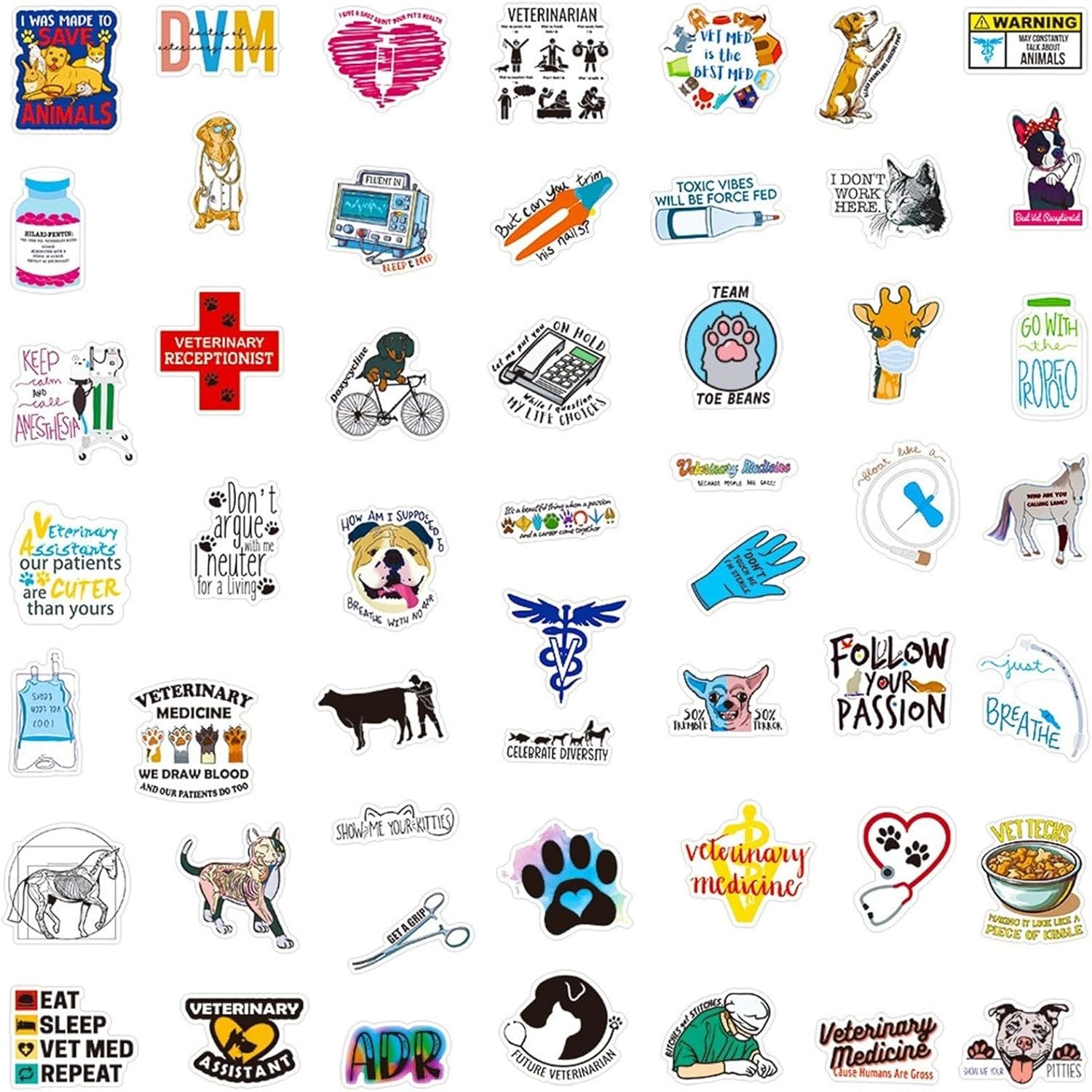 50 Pcs Waterproof Veterinary Stickers – Cute Decals for Teens & Animal Lovers