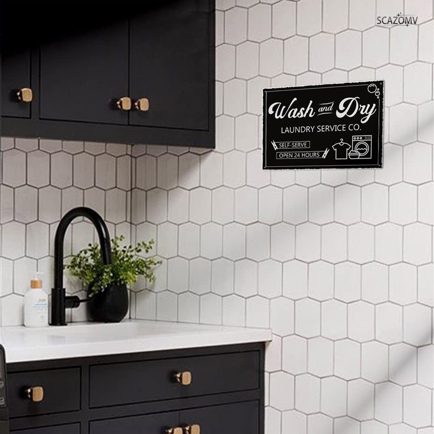 SCAZOMV Laundry Room Decor Black Sign, Wash and Dry Laundry Wall Plaque Art A…