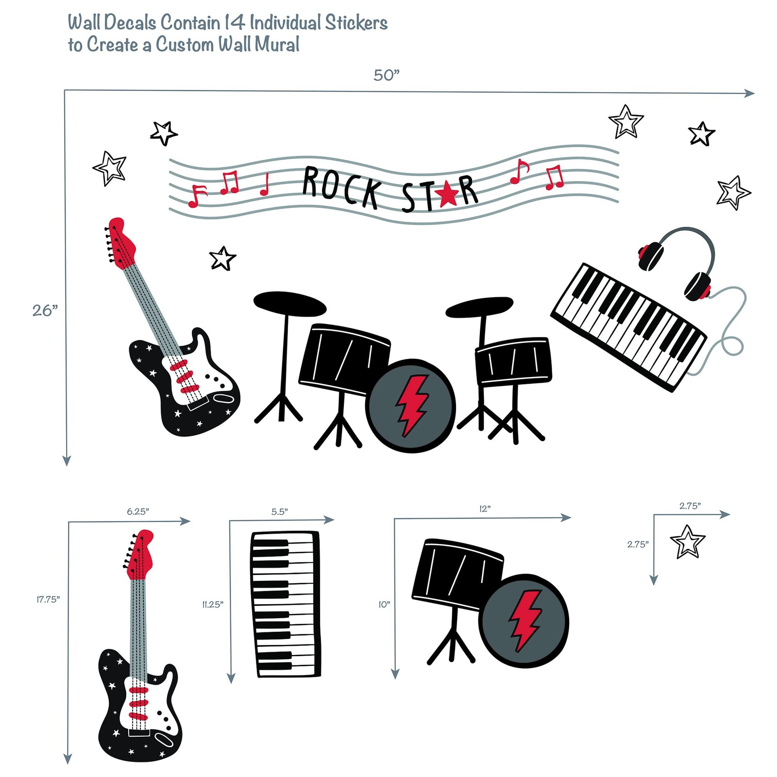 Rock Star Musical Instruments Wall Decals/Stickers – Drums/Guitar