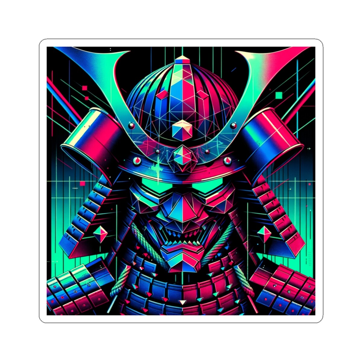 Sticker Neon Punk Samurai Helmet Artwork 8K 2×2 3×3 4×4 6×6
