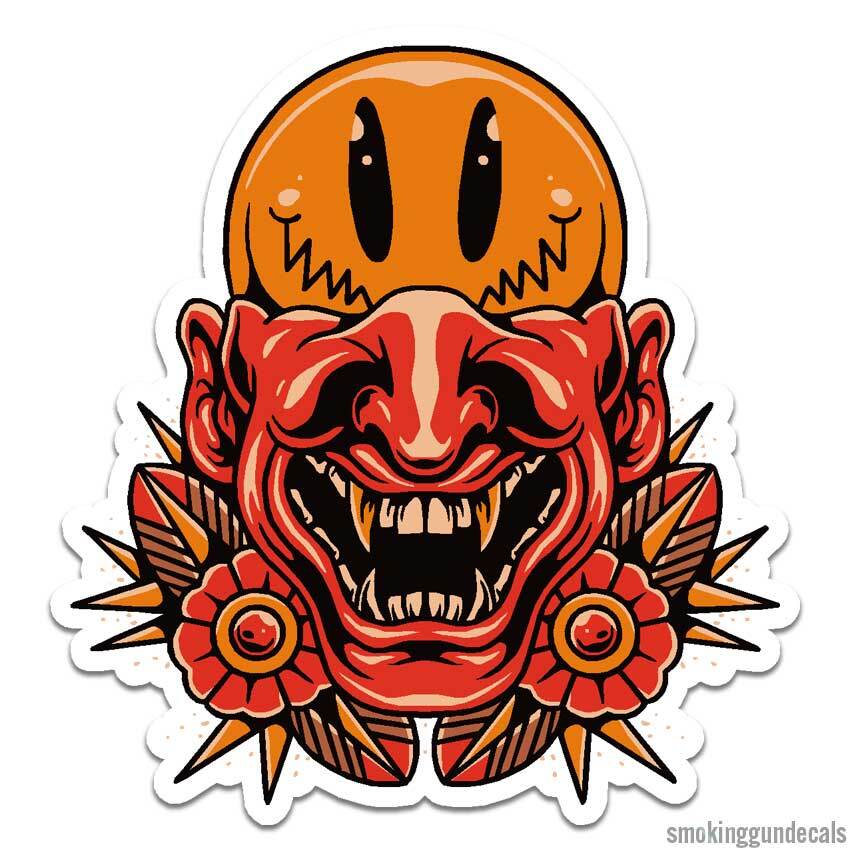 Demon Smiley Face, Vinyl Decal Sticker, Indoor Outdoor, 3 Sizes, #12650