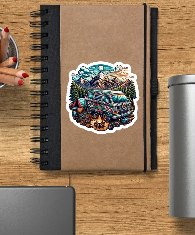 Van Life Adventure Sticker – Water-Resistant Camping Scene, VW Bus, Outdoor Gift