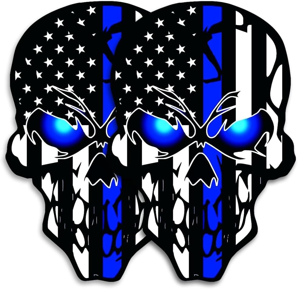2-Pack Thin Blue Line Skull American Flag Patriotic Sticker Decal 5"x3.5"