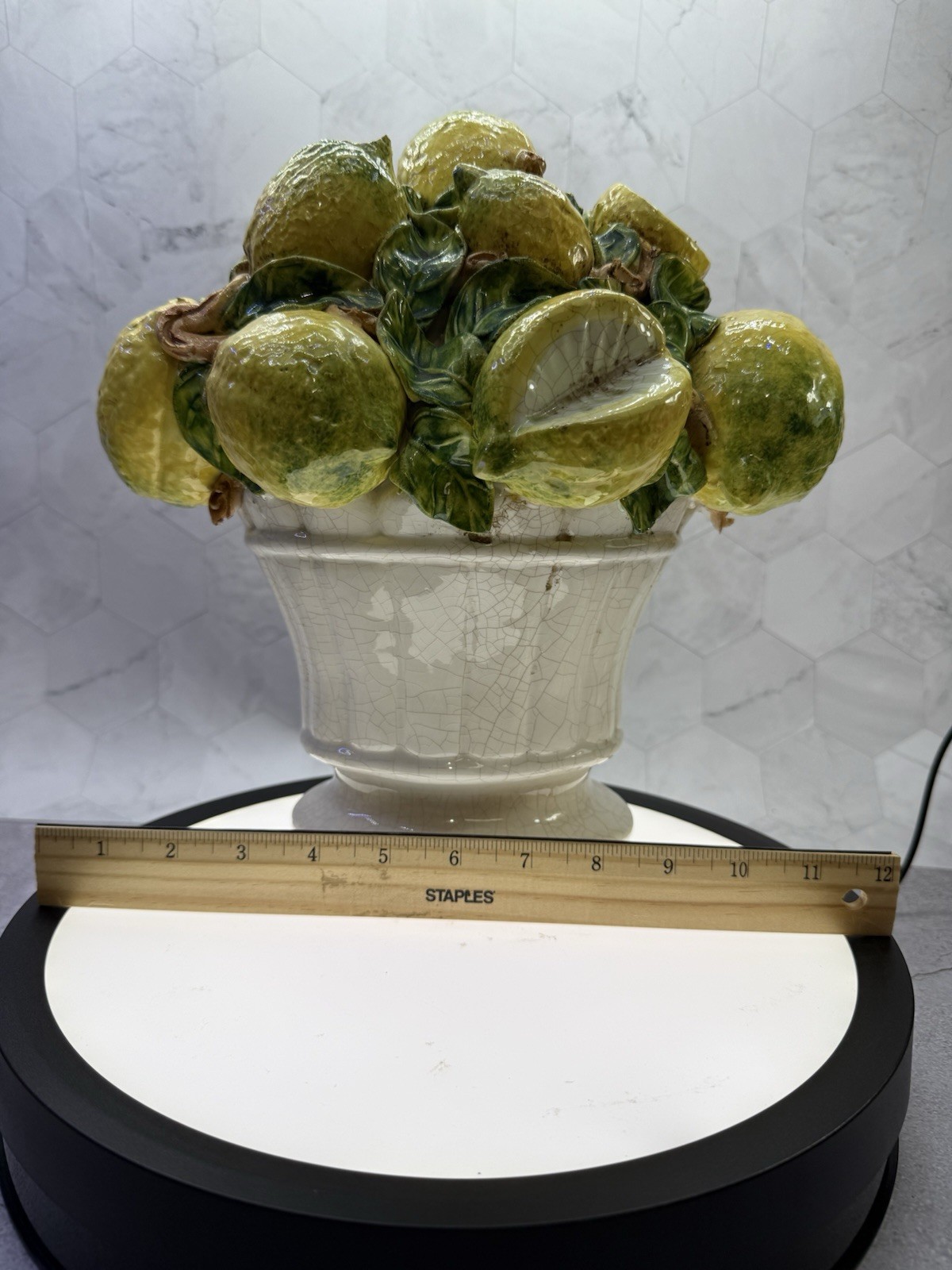 Beautiful decorative Italian Majolica ceramic basket of lemons, Centerpiece.