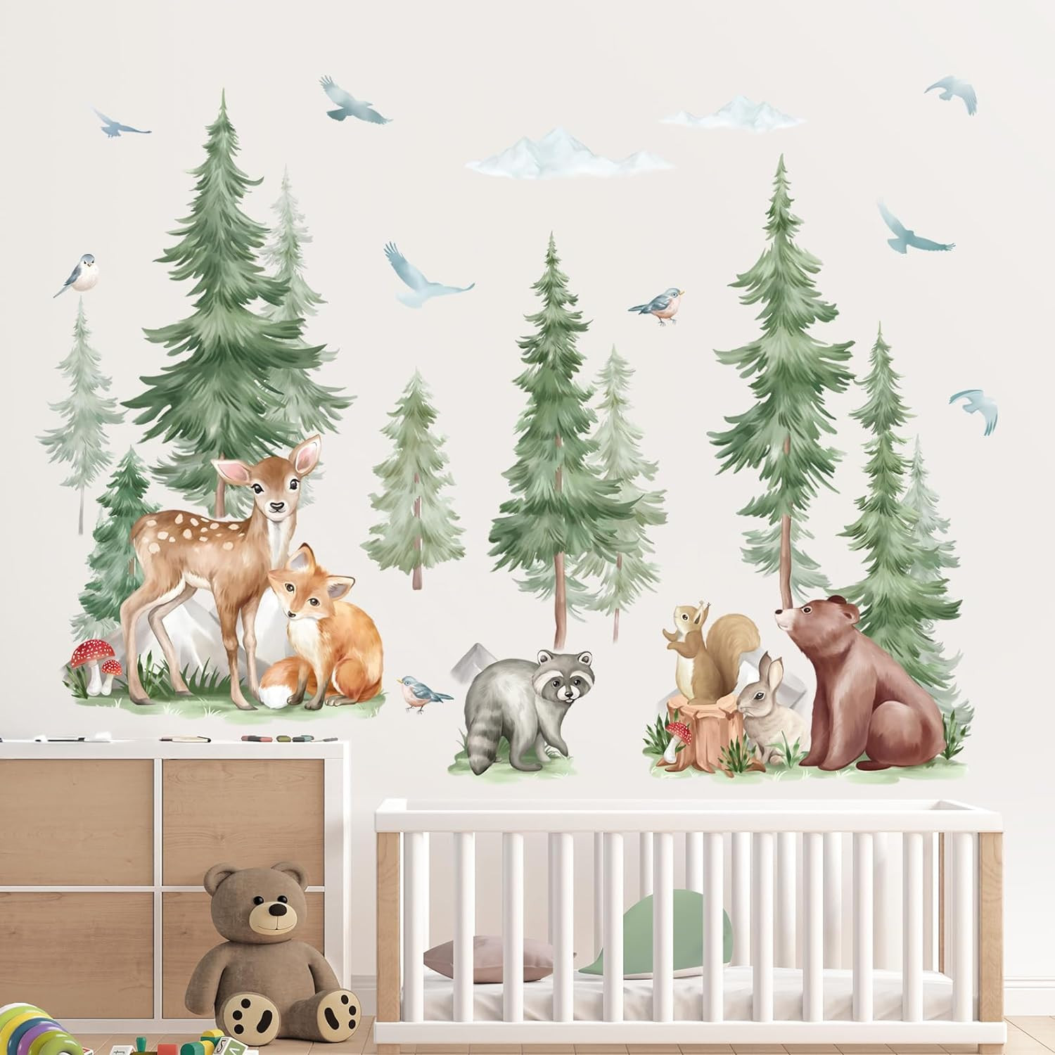 Mountain Tree Wall Stickers Large Pine Tree Forest Animal Bear Fox Peel and Stic
