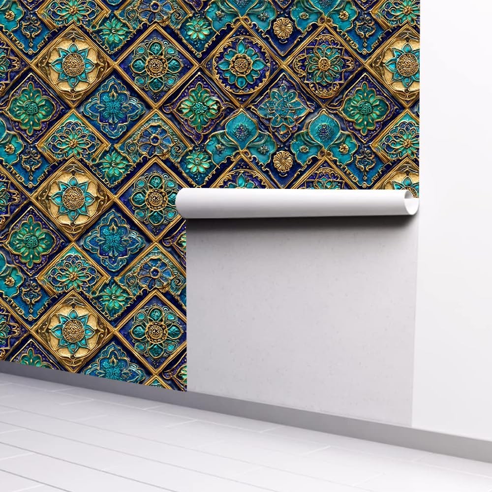 Spring Summer Moroccan Tile Wall Decals, Blue Gold Mosaic Peel and Stick Wall…