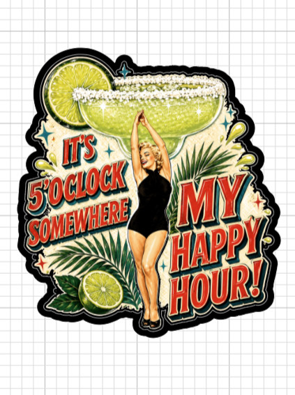 (2) Vintage Pinup Girl Sticker 5 O'Clock Happy Hour Margarita Vinyl Decal