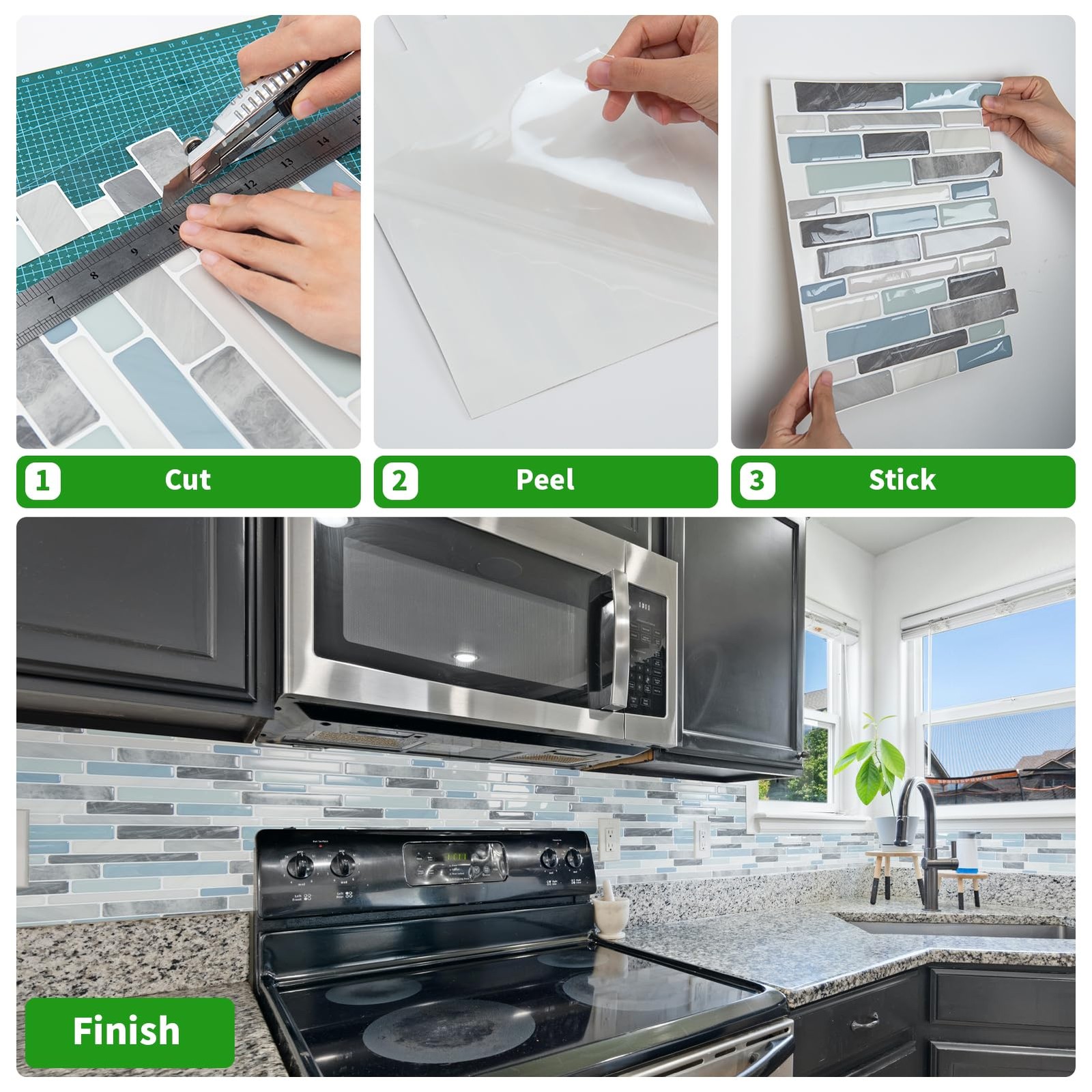 Self-Adhesive Kitchen Backsplash, Marble Look Decorative Tiles (10 Tiles)