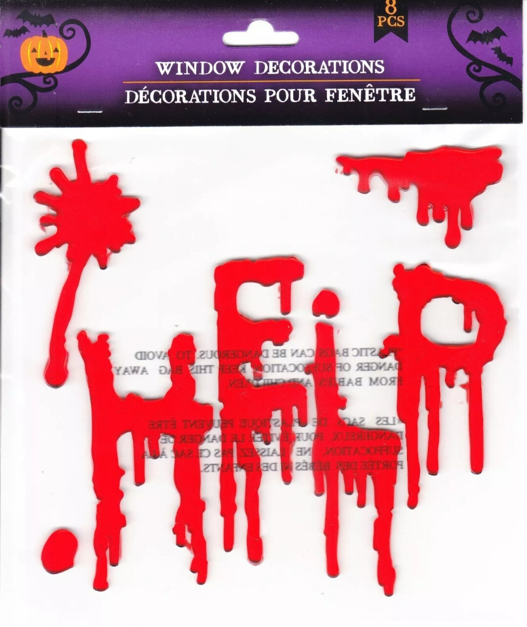 Set of 5 Halloween Bloody Drips Gel Stickers Clings Party Decor Hands Help, NEW