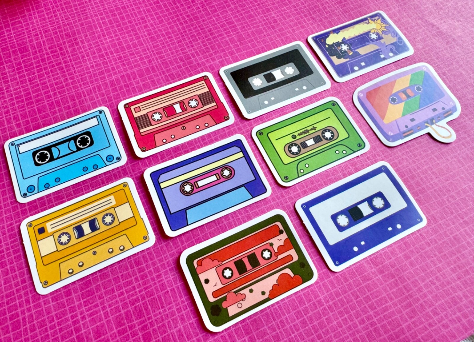New 80s Style Mini Cassette Tape Waterproof Stickers Set of 10 – 1.75” x 1.25”