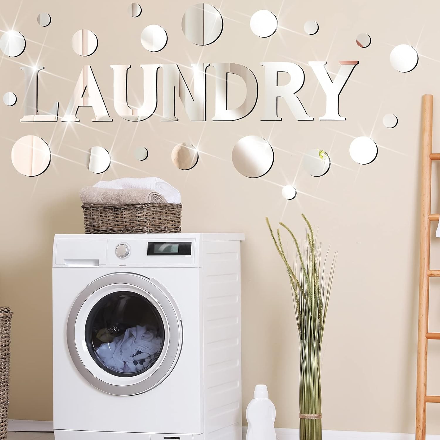 Zonon Laundry Room Mirror Decal Silver 3D Acrylic Wall Stickers