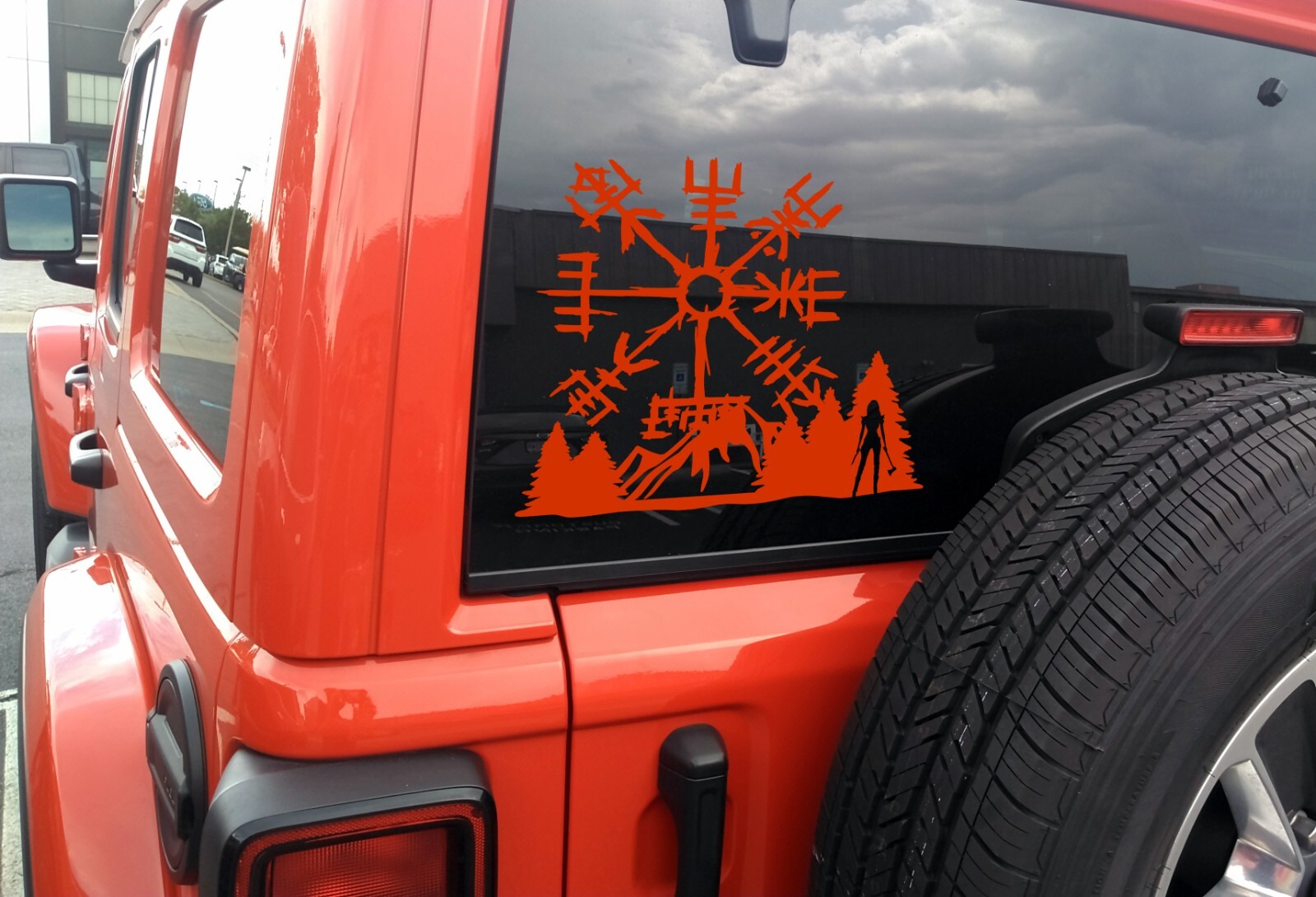 Viking Compass Scene Mountains Vinyl Decal V2 | Female Warrior in Trees