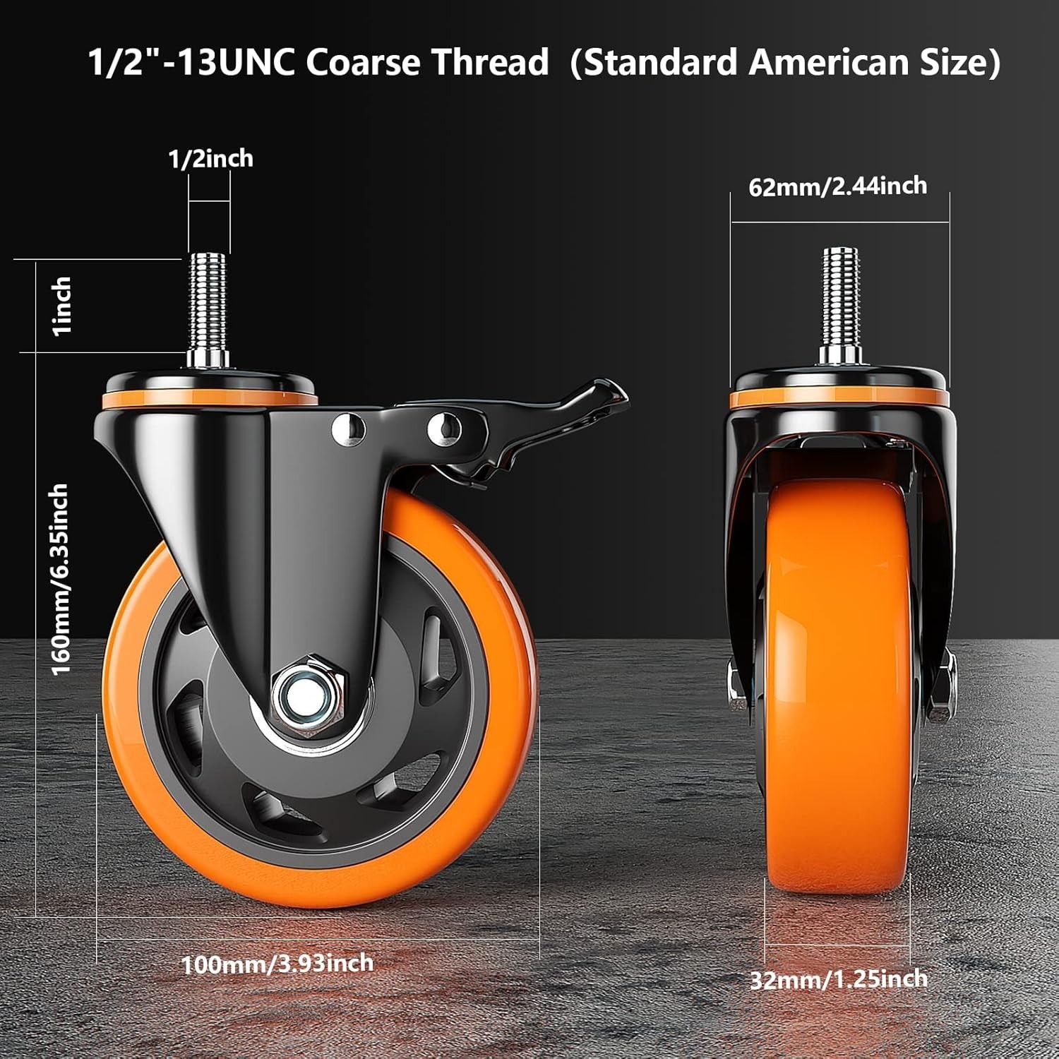 4 Inch Caster Wheels 2200Lbs, Threaded Stem Casters Set of 4 Heavy Duty, 1/2"-13