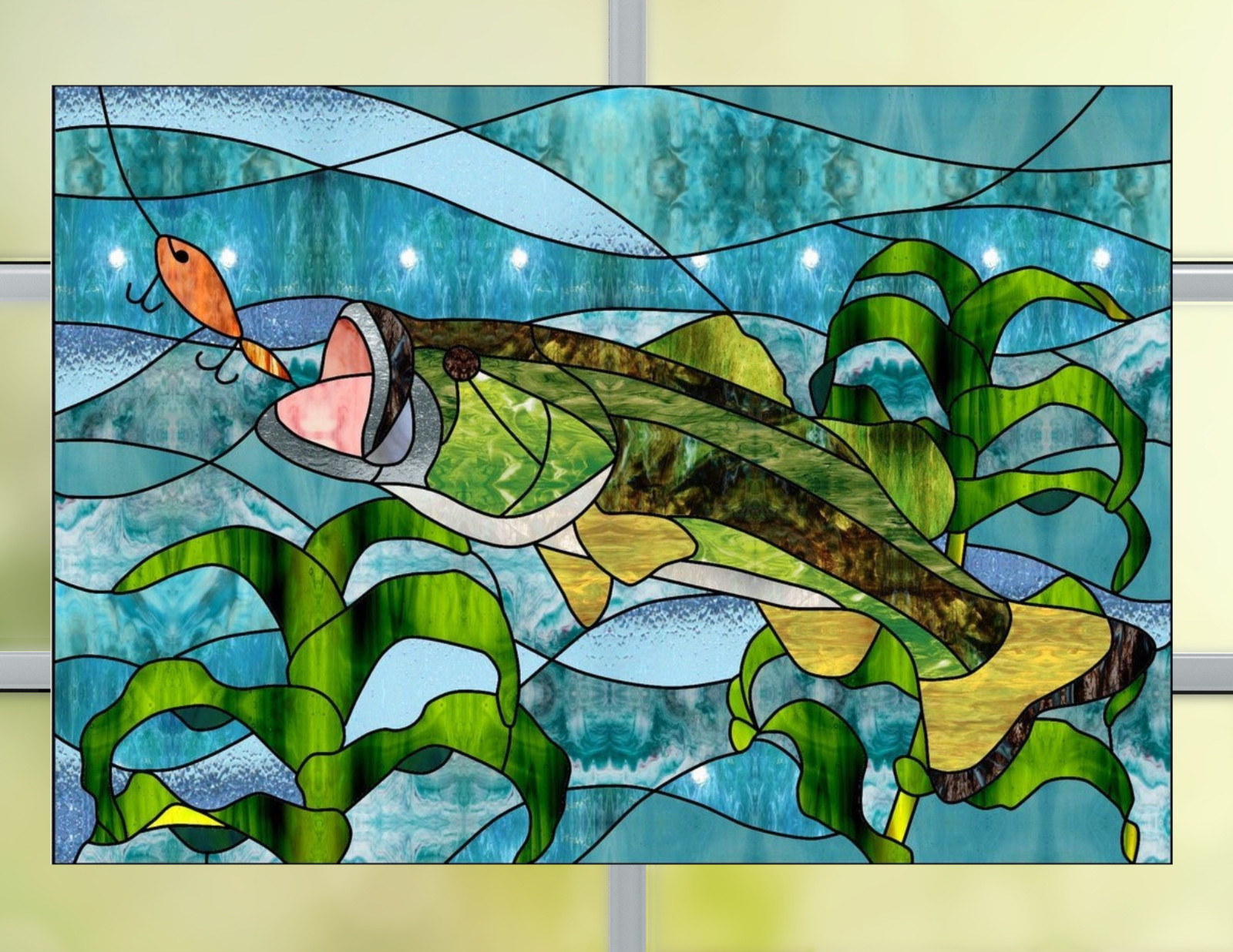 Bass Fishing Faux Stained-Glass WINDOW CLING Size 10.6" Repositionable Vinyl