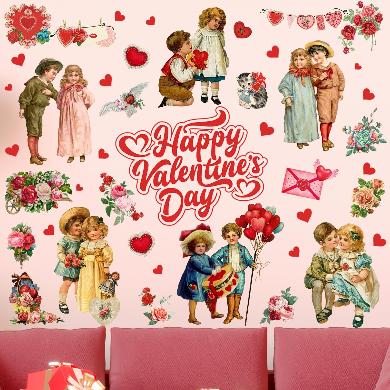 9 Sheets Valentine's Day Wall Decals Vintage Victorian People Rose Heart Wall St