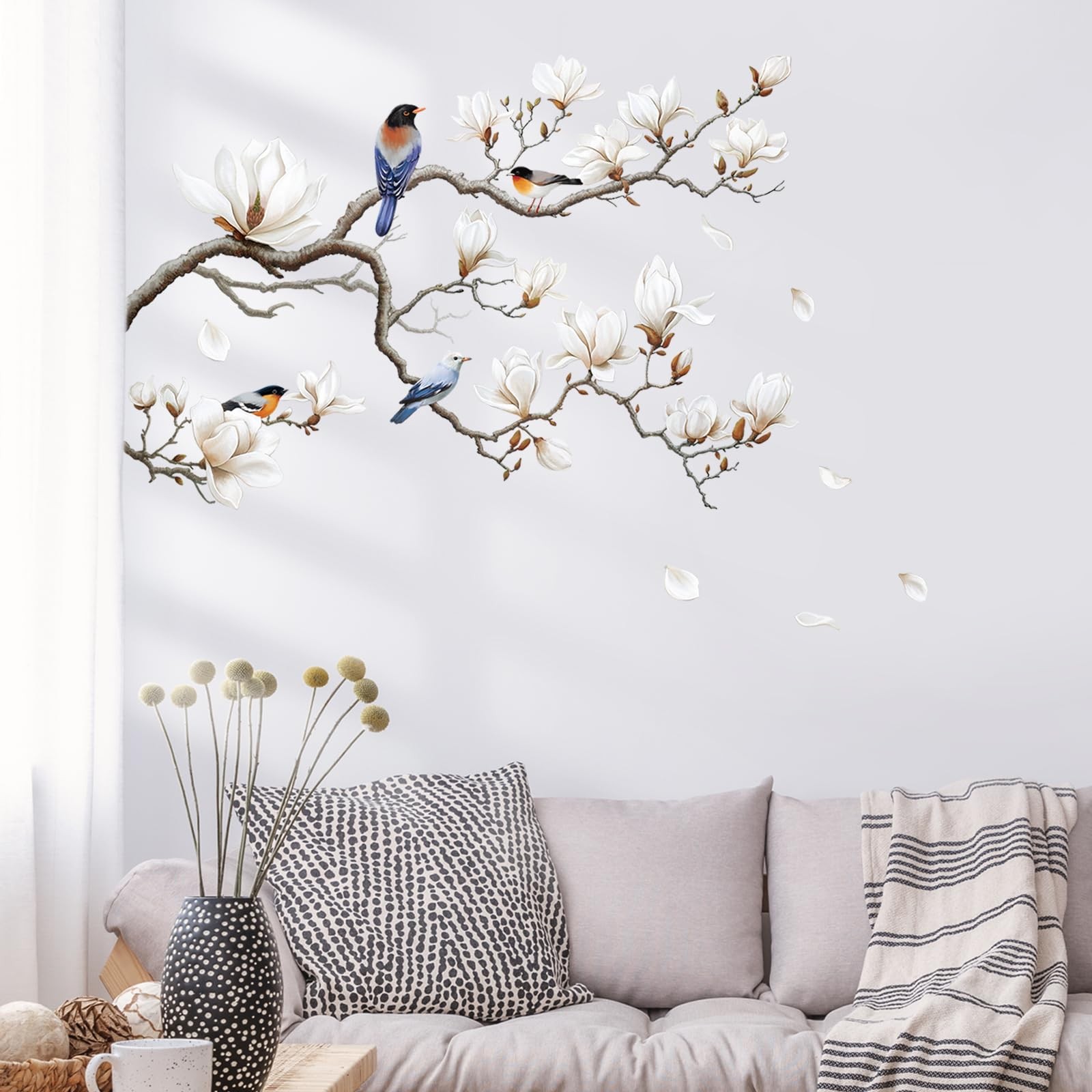 White Magnolia Tree Wall Decals Peel and Stick, Trees Flowers Wall Decor Stic…