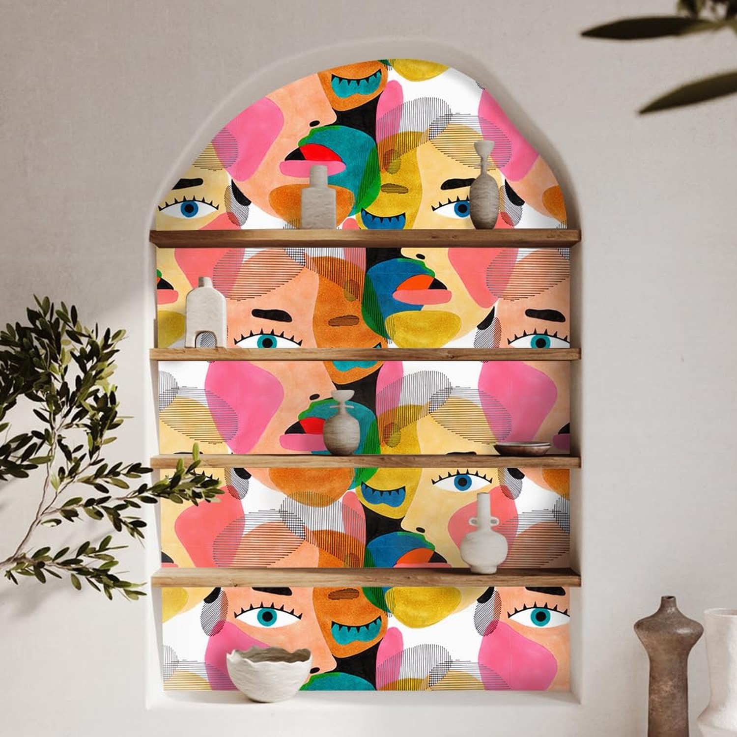 Modern Art Peel & Stick Wallpaper – Abstract Colorful Human Face Pattern Cont…