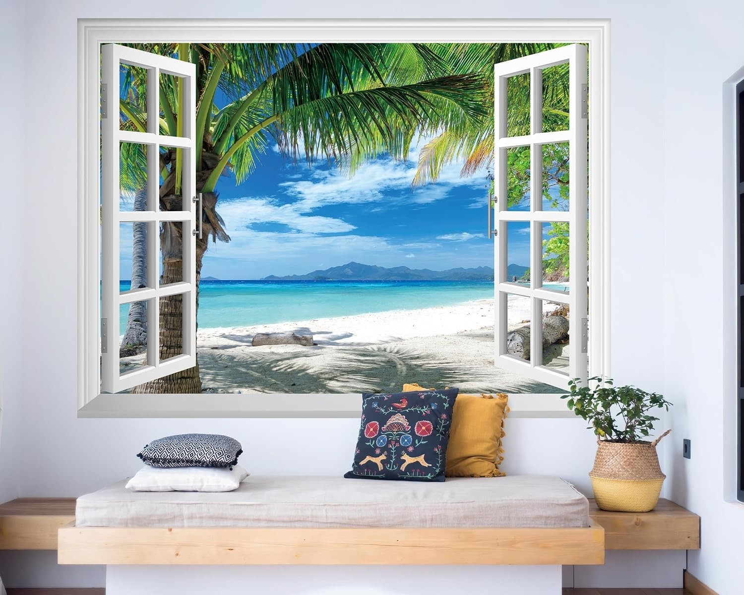 Fake Window Wall Mural – Beach Palm Trees Faux Win