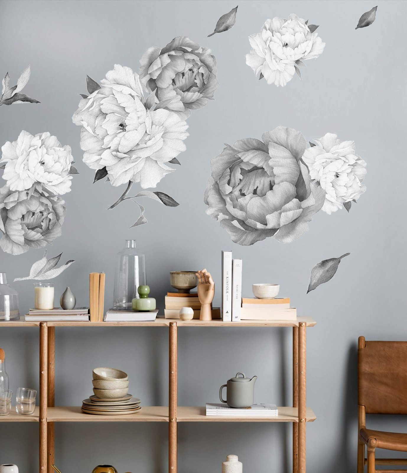 Peony Watercolor Wall Decals (Black and White Black