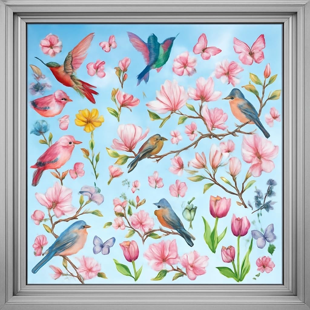 Spring Window Cling Sticker – 78PCS Tulip Butterfly Flower Hummingbirds Windo…