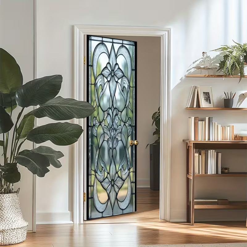 Elegant Door Sticker Featuring a Stained Floral Design Not See Through
